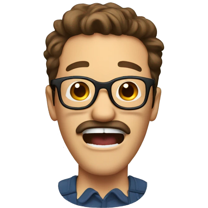 A man screaming and laughing, brown hair glasses and mustache emoji