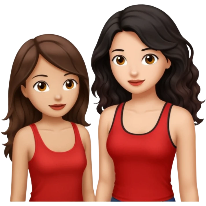 generate a pretty tan bratz girl with brown wavy hair long wearing a red tank top talking to a girl with black hair emoji