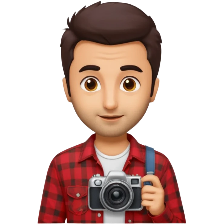 generate a pretty bratz emoji 
Make her look like Ranbir kapoor wearing a red flannel shirt,with white tee underneath. smirking and carrying a camera

he should look exactly  like ranbir kapoor!  emoji