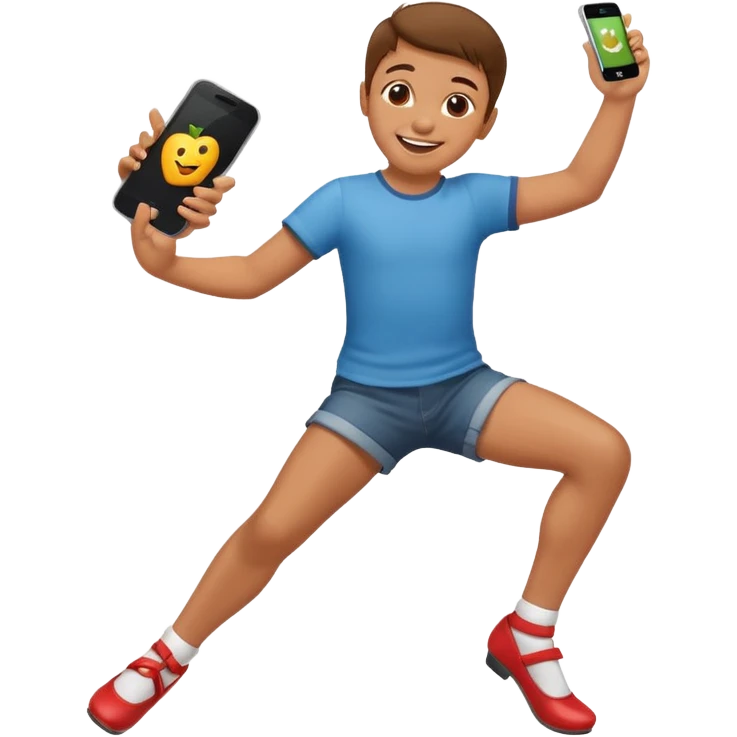 happy child dancing with a phone, one leg kicked out, apple style emoji emoji