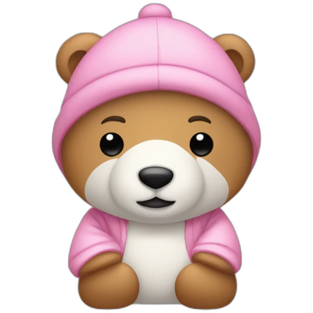 Un oso de peluche blanco con un pijama rosada y un gorro blanco y muy delgado emoji
