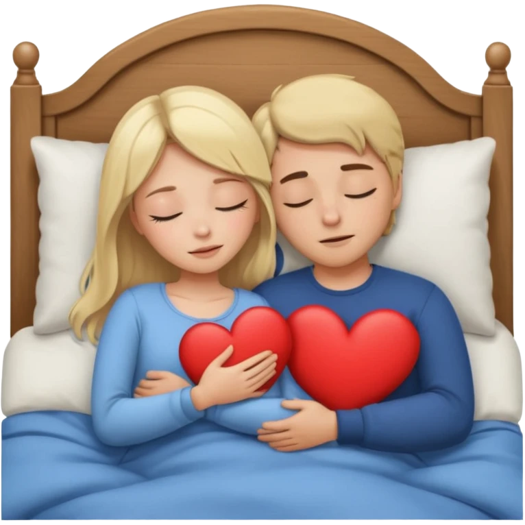 cuddling in bed, asleep. blonde girl. brunette man. eyes closed. heart between them. no headboard emoji