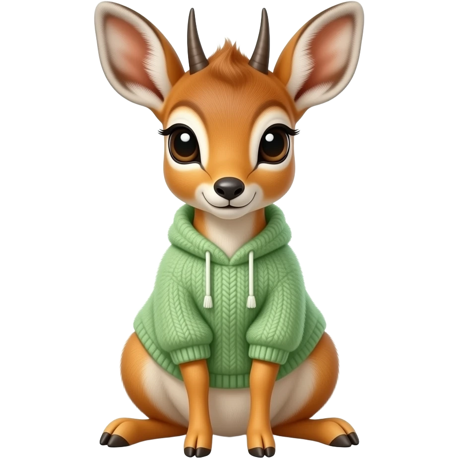 Dik dik wearing a light green fluffy jumper, facing the front and sitting down emoji