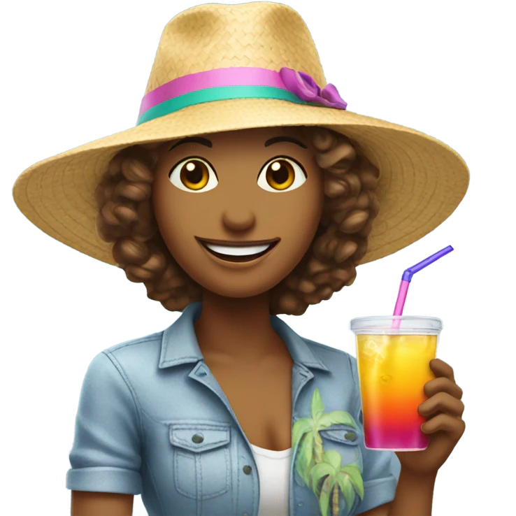 lady with vacation hat holding drink emoji