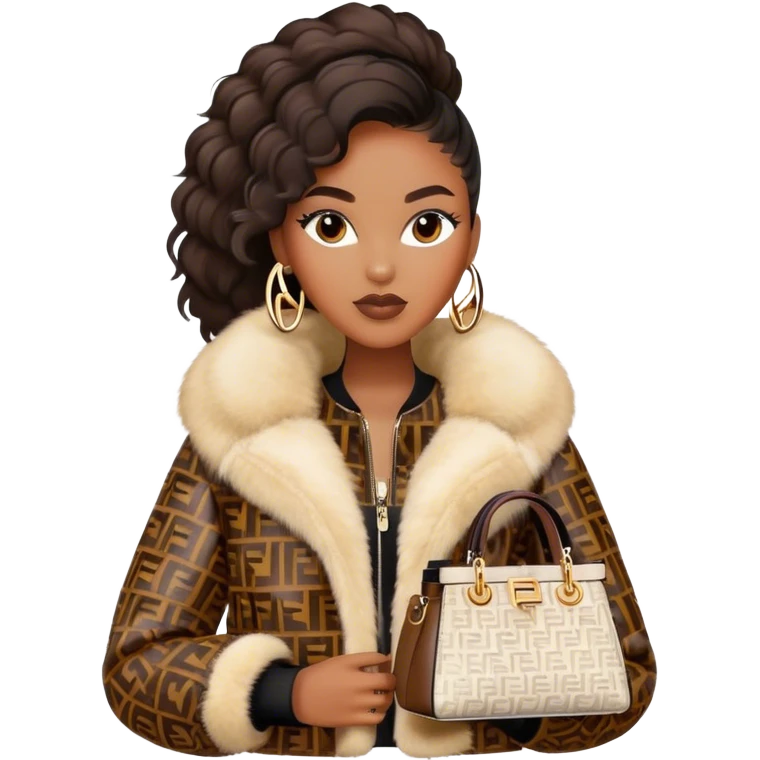 Beautiful black woman wearing a monogram Fendi jacket with a fur trim. She is carrying a Fendi Mini Peekaboo Bag. I want the image close up emoji