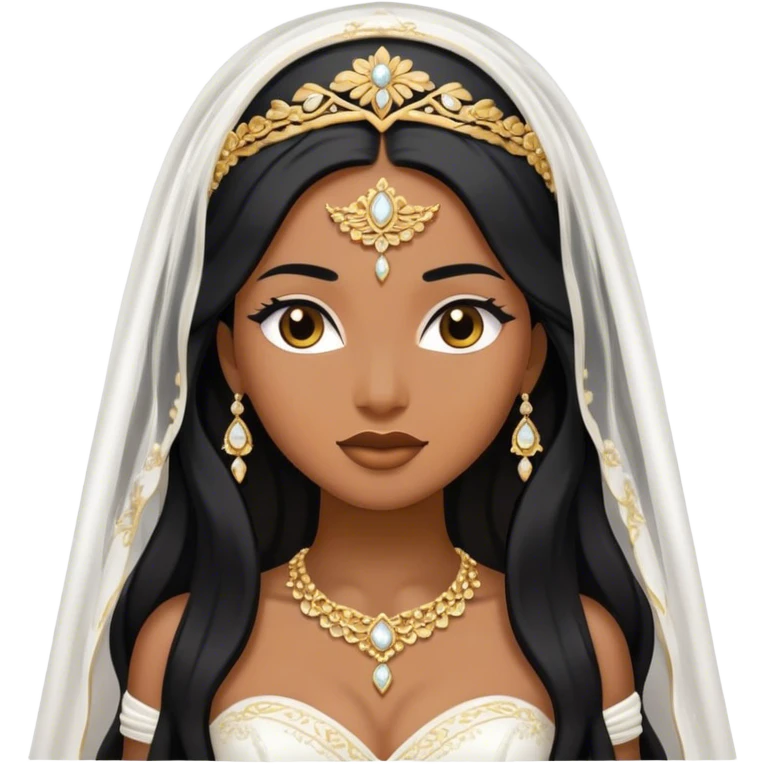 bride with long black hair, gold jewelry, brown skin, and shows full white wedding dress and veil emoji