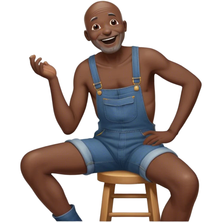 Side view Laughing telling story Old bald blind black man sitting on stool wearing overalls no shirt emoji