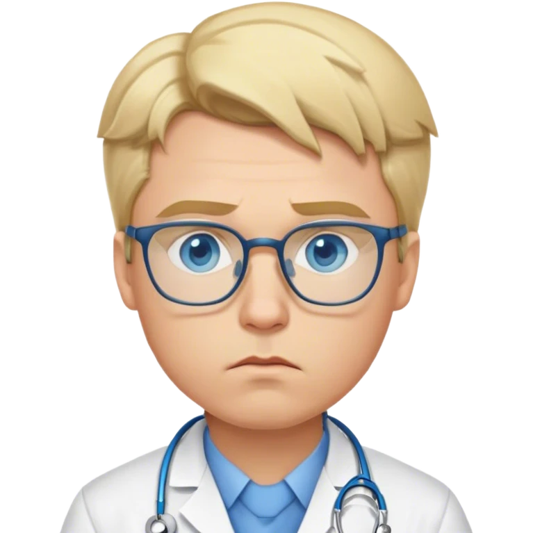 Young male doctor with blonde hair, blue eyes, glasses, pouting emoji