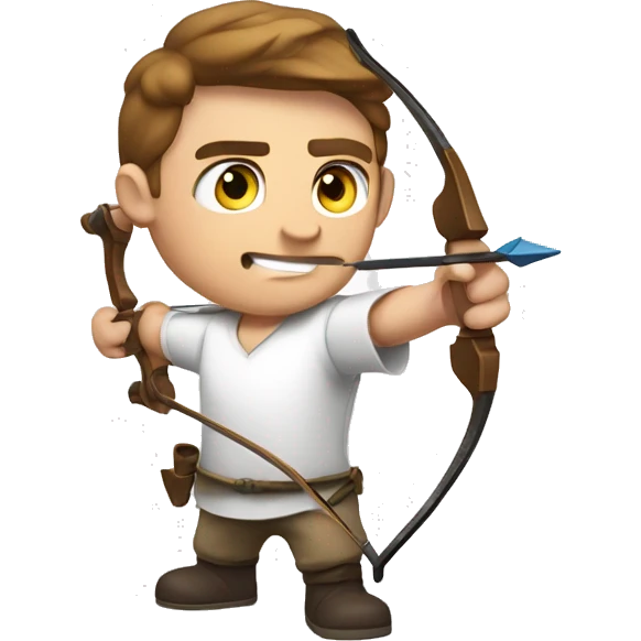 a male archer aiming with a bow looking at his target, wearing a white shirt, brown hair, bright skin, emoji
