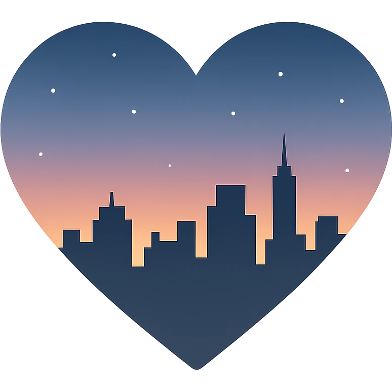 heart with a city skyline at dusk theme, clean digital illustration, no background emoji