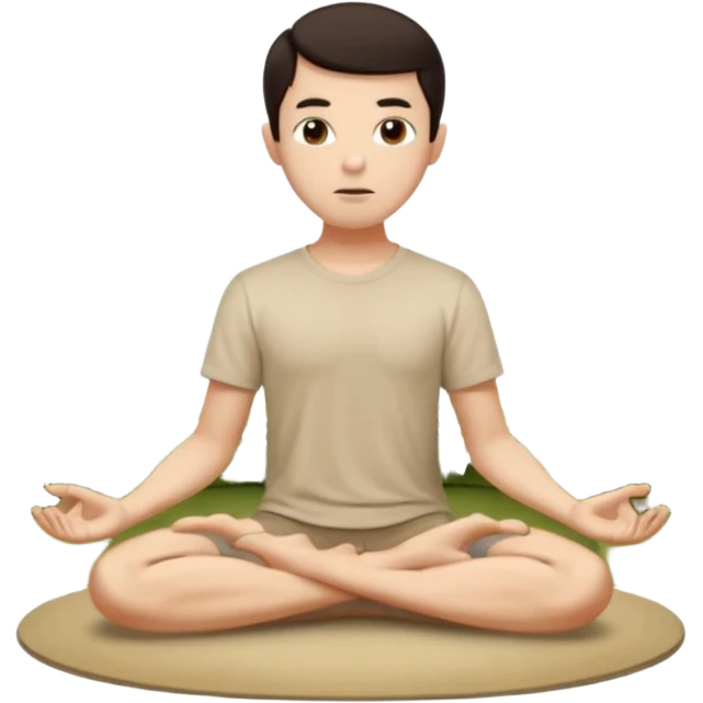 rapaz magro cabelo escuro, camiseta bege e  bermuda bege escuro, corpo inteiro meditando  num jardim oriental emoji