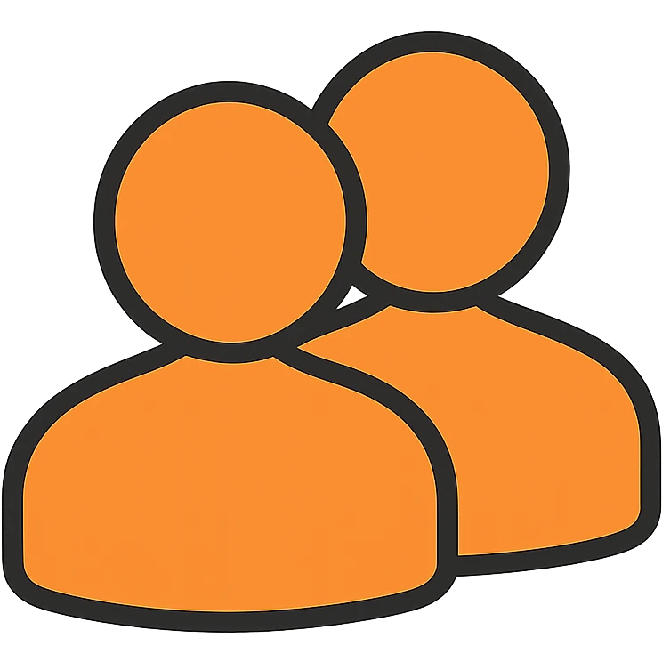 simple icon of a silhouette representing followers: two stylized people side by side, orange color #fe6601, transparent background emoji