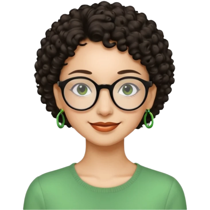 Very slim woman, light skin, short dark curly hair, black round glasses, green earrings, thin build, warm smiling face. Cartoon style. emoji