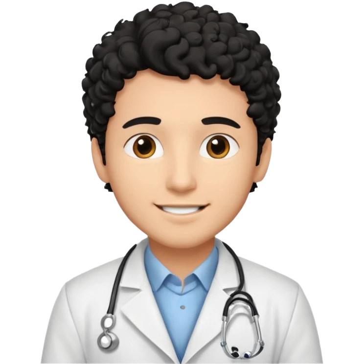 a young male doctor with black  curly hair and cheerful face emoji