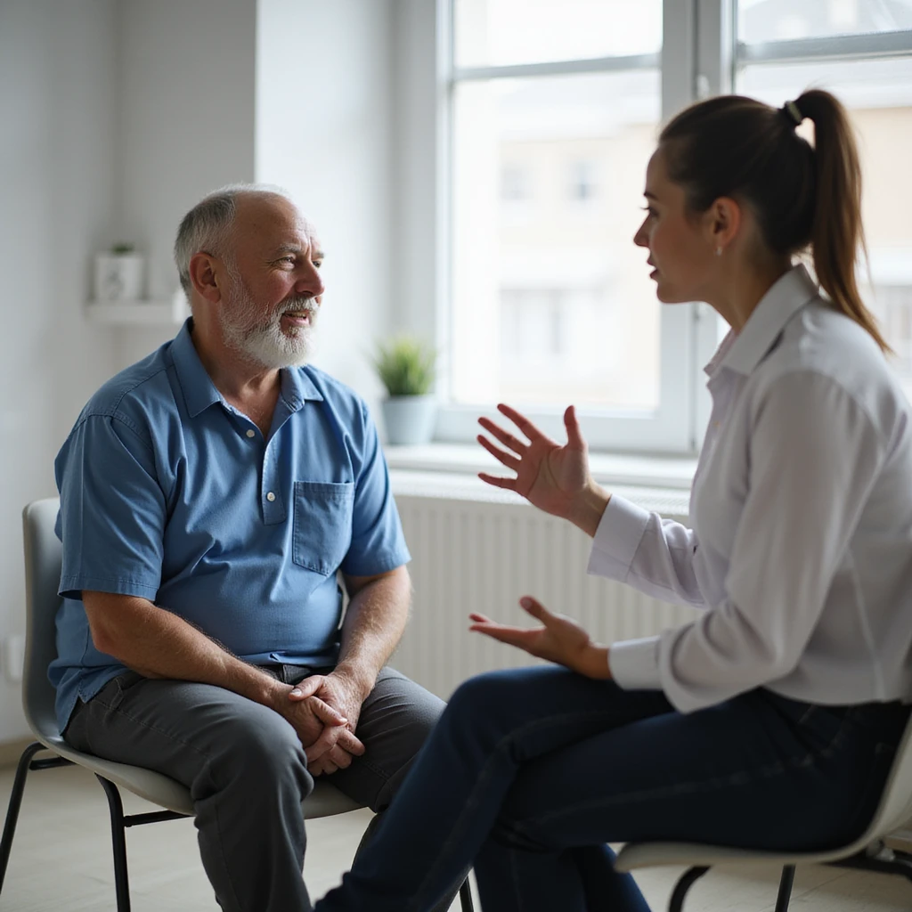 realistic image of a patient sitting in a clinic, therapeutic exercises not suitable for his condition, physiotherapist explaining the situation with gestures, clinical details, professional atmosphere emoji