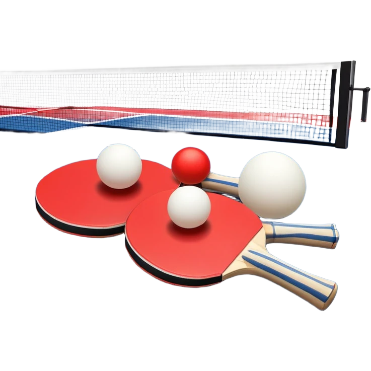 Two table tennis paddles and a ball placed on a ping pong table, with the net in the background. The scene conveys the simplicity and focus of the sport, with vibrant colors highlighting the rackets and ball on the smooth surface of the table. emoji