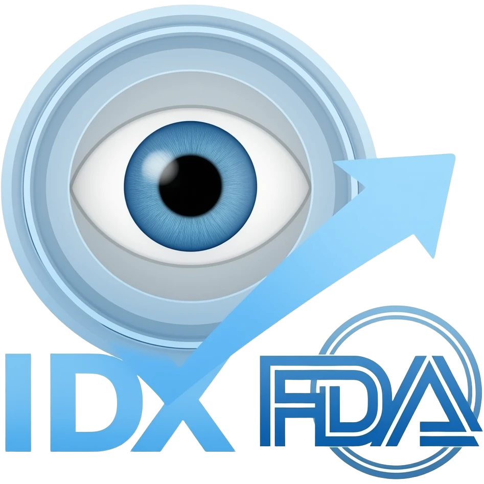 Icon of a stylized specialized autonomous fundus camera device analyzes an eye retina. A digital 'seal of approval' flows toward an FDA logo. Concept of IDx-DR historic diagnostic, clean vector design, medical blue tones, high resolution. emoji