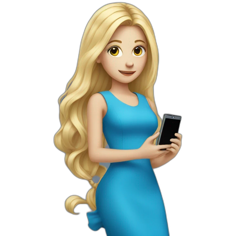 a girl in a blue dress long blond hair holding a cell phone out  emoji