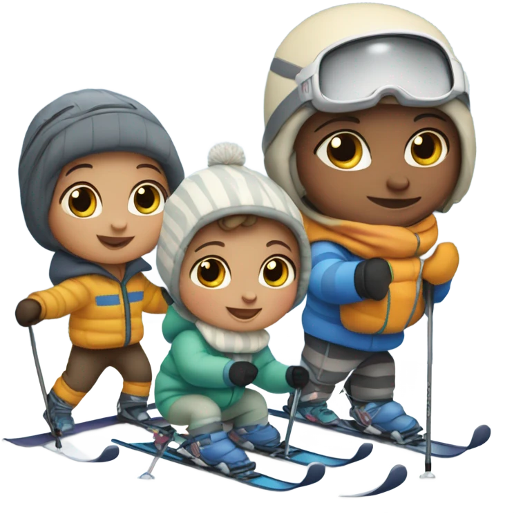 Infant skiing with its family of five, and one grey striped cat emoji