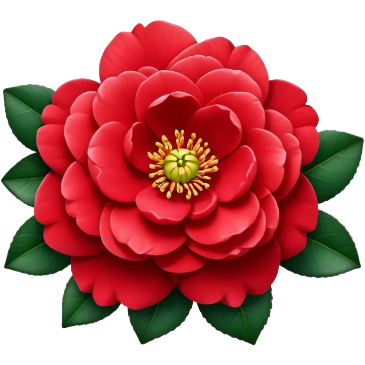 Traditional red camellia japonica (tsubaki) flower with perfectly symmetrical layered petals and glossy dark green leaves emoji