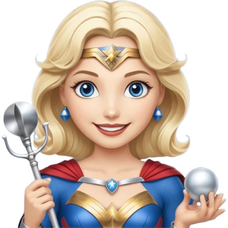 Blonde blue eyes Wonder Woman holding bell and short white orchestra conductor’s baton  emoji