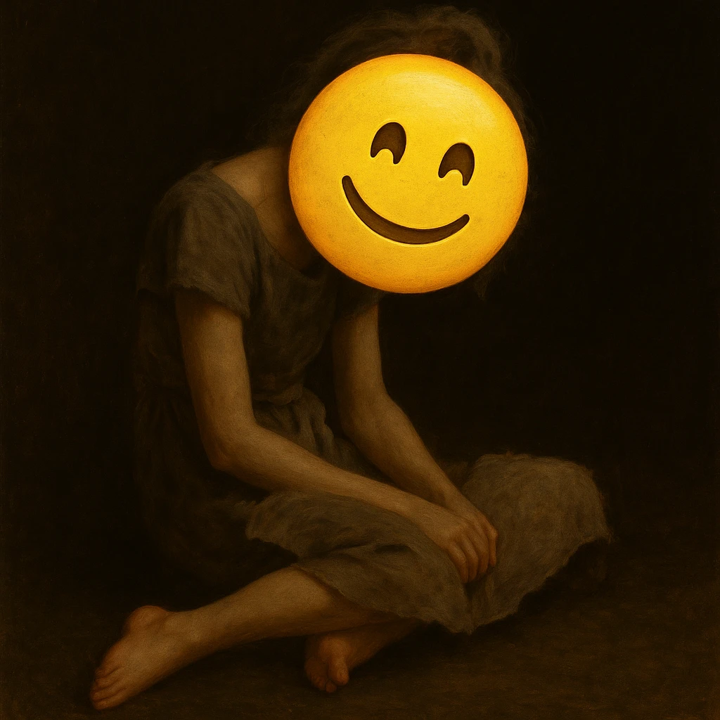 Replace the girl's face with a classic yellow emoji face, keeping the rest of the image and mood unchanged. The style should resemble a classic yellow emoji face. emoji
