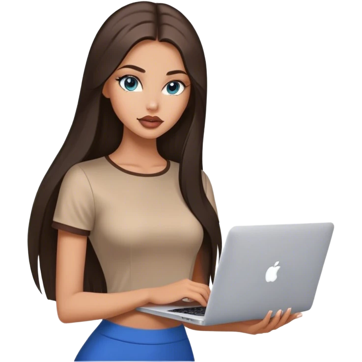 Glamours tanned very beautiful girl with big pump peach lips and dark chocolate straight smooth long hair, blue-grey eyes in brown/beige short sleeves clothing with MacBook emoji