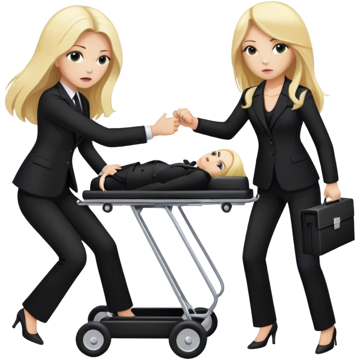 Two woman in black pants suits whit long hair . One is blond one has black hair. They are punching a funeral stretcher.  emoji