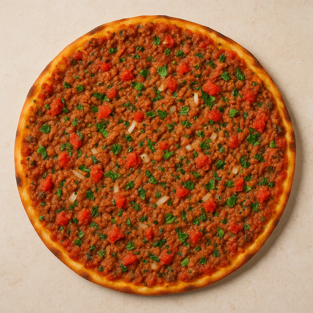 a round Turkish lahmacun, thin flatbread topped with minced meat, tomatoes, onions, and herbs, viewed from above, appetizing and colorful emoji