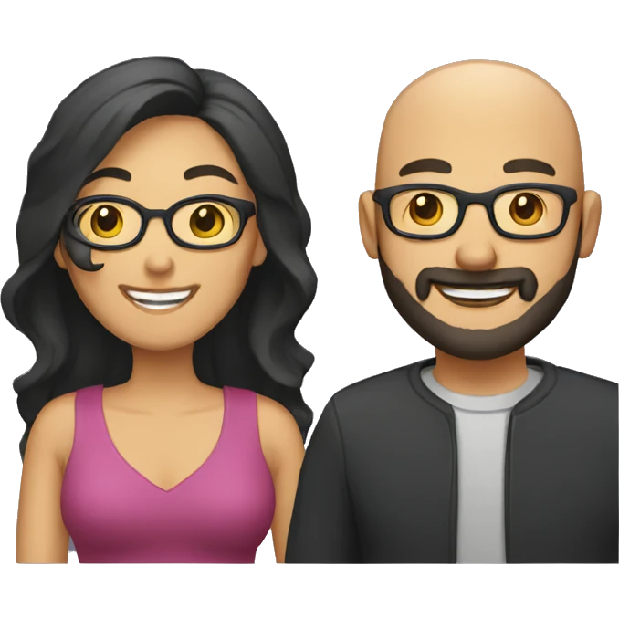 a couple, a man is bald and wearing glasses and beard. The woman has  dark, long  hair and smiling showing teeth. emoji