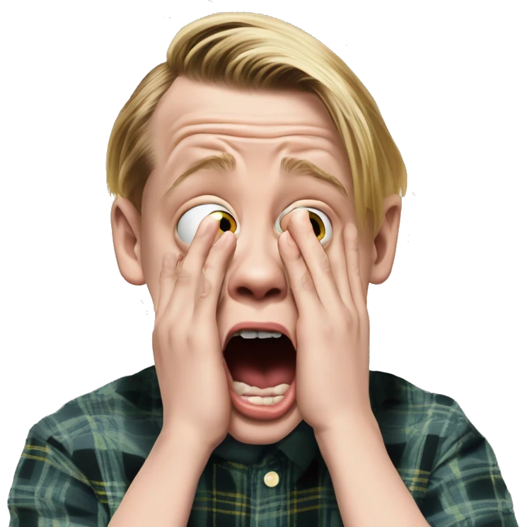 macaulay culkin from Home Alone, putting both hands on his face and screaming of fear. bring the hands down lik he is putting on his cheeks. emoji