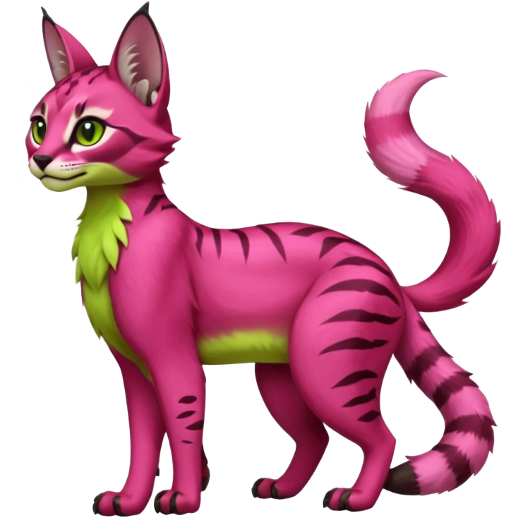 Colorful dark pink lime-green tropical exotic cute cool beautiful shiny beautiful fantasy-caracal-civet-genet-sergal-vernid-serval-Gryphon-Cacomistle-Trico-oncilla-animal-Fakémon-hybrid-fursona (full body) emoji