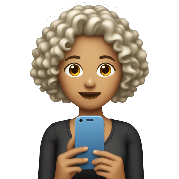 A woman white with down curly hair  holding her phone emoji