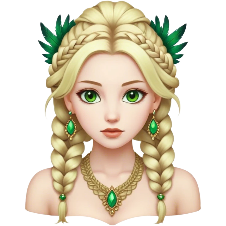lady with Pale complexion, sharp features, high cheekbones, Blonde hair, green eyes, feathered ornaments, intricate braids with voluminous hairstyle emoji