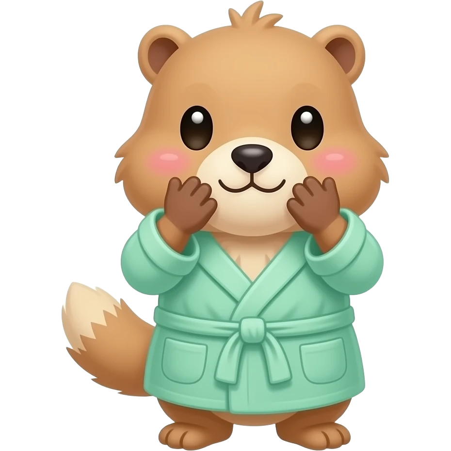 Cute blond Marmot with hands around big cheeks with blush and wearinf light green bath robe emoji