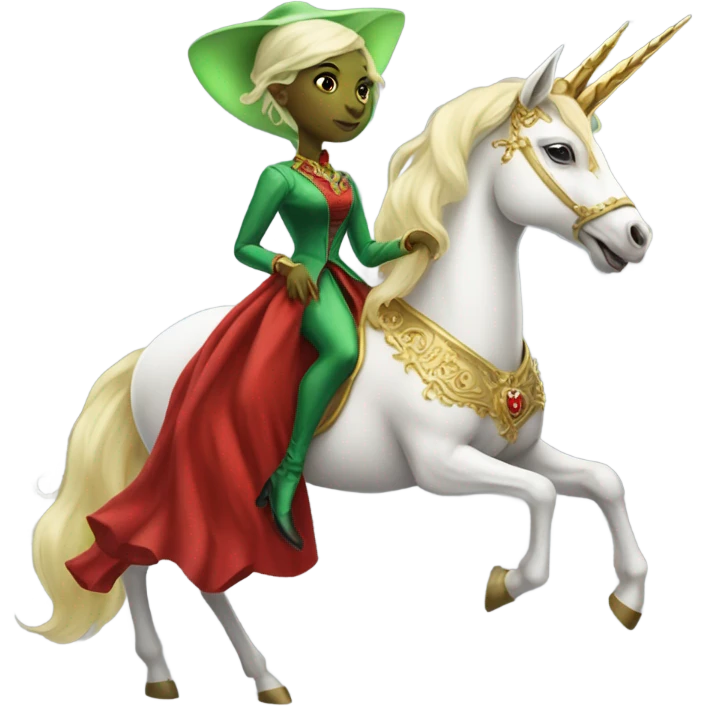 "galora green blonde alien woman" in red Victorian elegant dress, full body, rides unicorn gold and white surrounded by fire
 emoji