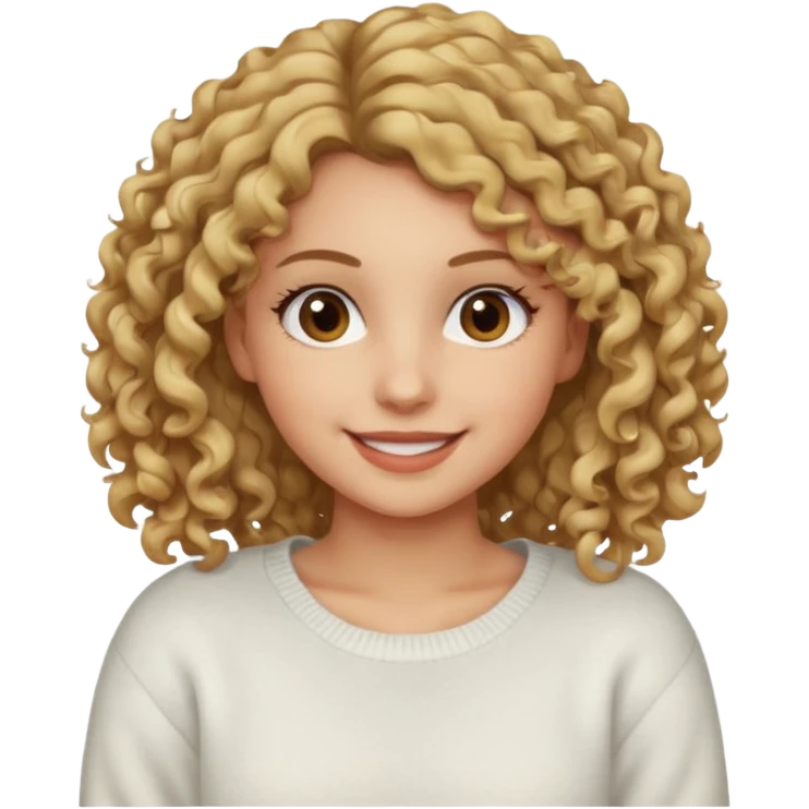 a dirty blonde girl with brown eyes and make her wearing a white sweater with curly hair and white skin color emoji