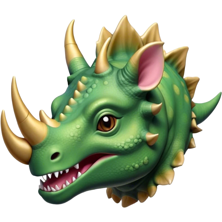 Beautiful and Majestic Triceratops Portrait Emoji, Head and body rendered in serene repose with a gentle, content smile, showcasing a robust, horned form with an intricately frilled head and eyes softly closed in tranquil repose, Simplified yet exquisitely endearing features, highly detailed, glowing with a soft, drowsy prehistoric light, high shine, relaxed and utterly majestic, stylized with an air of ancient splendor, soft glowing outline, capturing the essence of a beautiful and majestic Triceratops that embodies the timeless strength of the ancient world! emoji