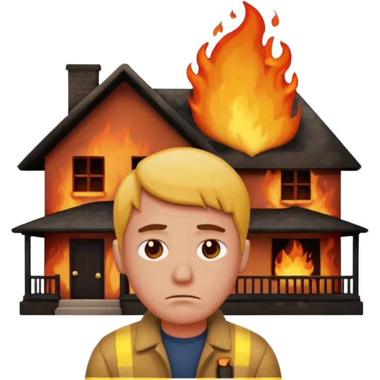 sad man standing with a house on fire behind him, apple style emoji emoji