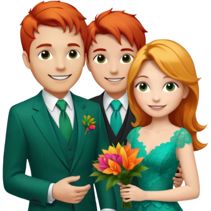  The man, with red hair, wears a dark green suit with a green tie and an orange boutonnière. The woman, with blonde hair, wears a turquoise ballgown with lace details and holds a colorful tropical bouquet. They smile at each other.  emoji