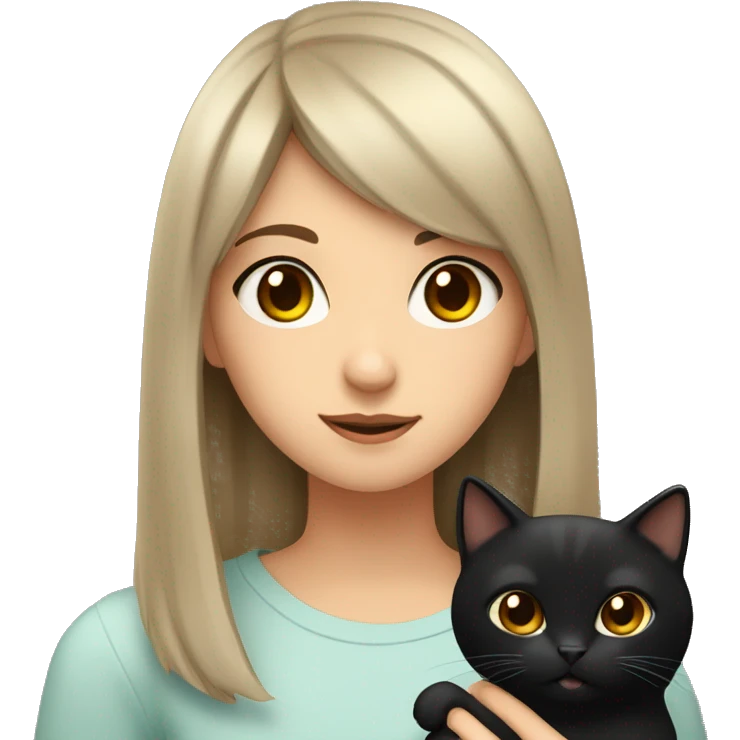 A girl with brown hair and brown eyes and bangs holds a black cat in her hands and looks at her emoji