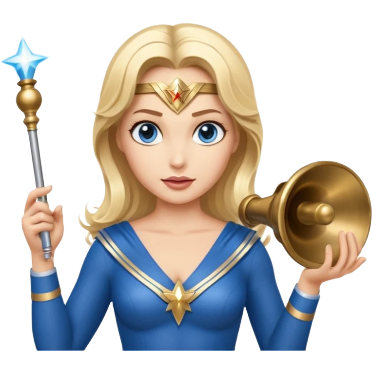 Blonde blue eyes Wonder Woman holding bell and short white orchestra conductor’s baton  emoji