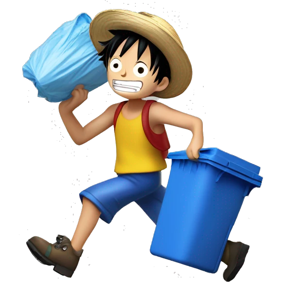 Luffy from one piece taking out his recycling bin, which has a blue body and yellow bin lid. He is wheeling the bin outside emoji