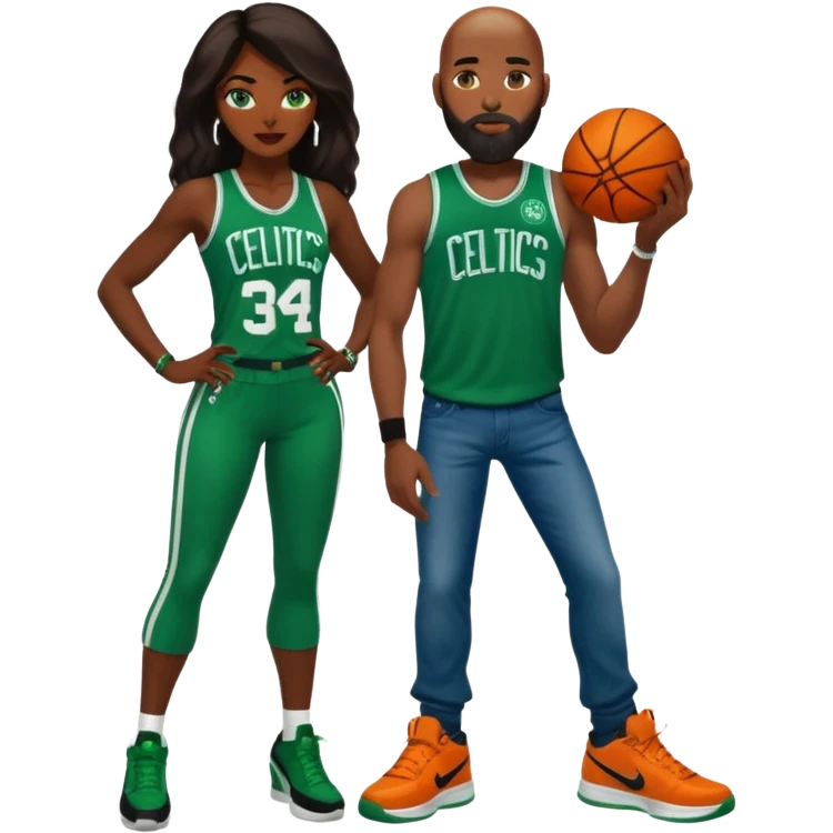 has blue eyes, is

48-year-old dark skin black woman with brown eyes, long dark brown hair, dressed in a sexy Boston Celtics outfit & wearing stilettos. A White bald white man with an orange beard & facial hair. He is wearing a Jason Tatum Boston Celtics Jersey, jeans & green Nike sneakers emoji