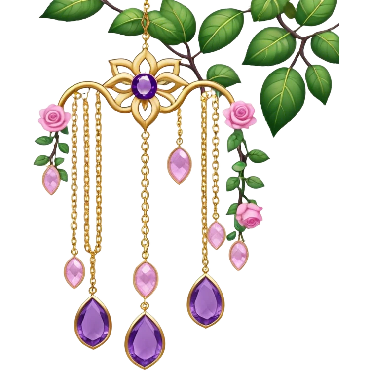 Hanging suncatcher, gold chains with shiny sparkly amethyst and rose-quartz gemstones, flowers, beautiful leaves, gorgeous aesthetics emoji