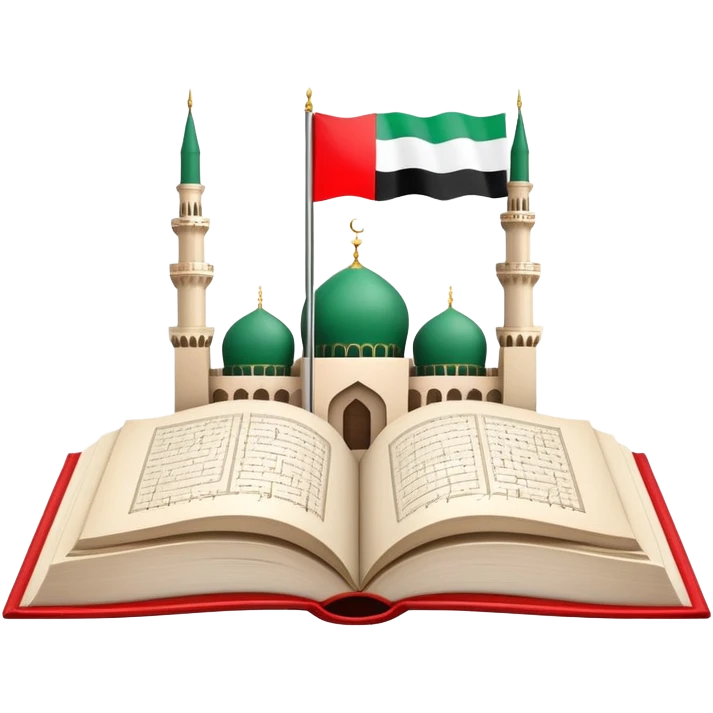 An icon featuring the mosque and the big flag of United Arab Emirates, symbolizing the Arabic language. The design includes an open book with Arabic script and calligraphy, representing language learning and cultural heritage. Transparent background emoji
