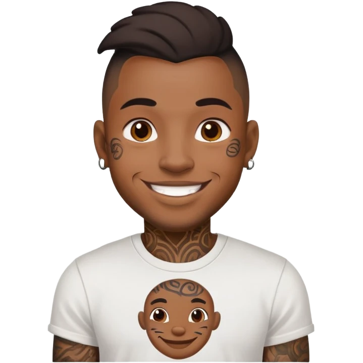 black man with face tattoos, smiling, wearing a t-shirt emoji