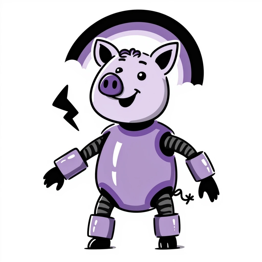 purple cyborg pig with a rainbow over her head, hand-drawn doodle style emoji