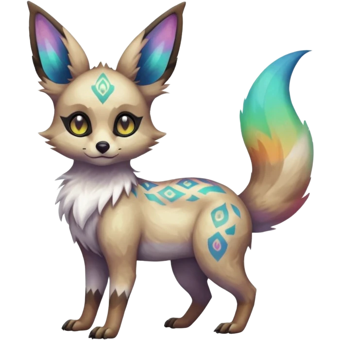Rare iridescent white exotic epic aesthetic colorful Trico-Eevee-Genet-species-Fakemon-hybrid-creature, with intricate tattoo markings, full body emoji