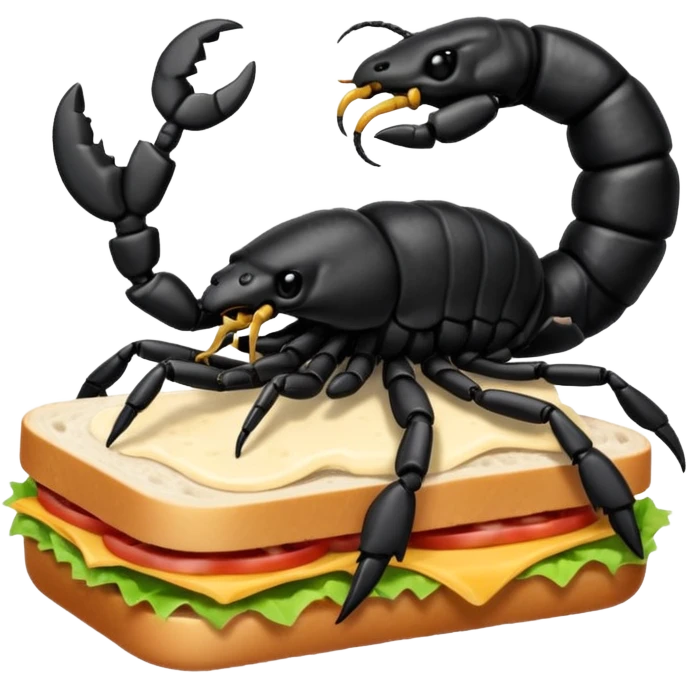 MAKE A SCORPION ON TOP OF A EHITE FLUFFY CLOUD THAT IS HOLDING A SANDWICH IN ITS CLAW AND LOOKING LIKE ITS EATING IT AND ITS NOT ON TOP OF THE SANDWICH ITS HOLDING IT AND NO SANDWICH UNDER ITS FEET OMG JUST MAKE A CLOUD AND ON TOP OF IT IT SHOULD BE A SCORPRON. HOLDING A SANDWICH emoji